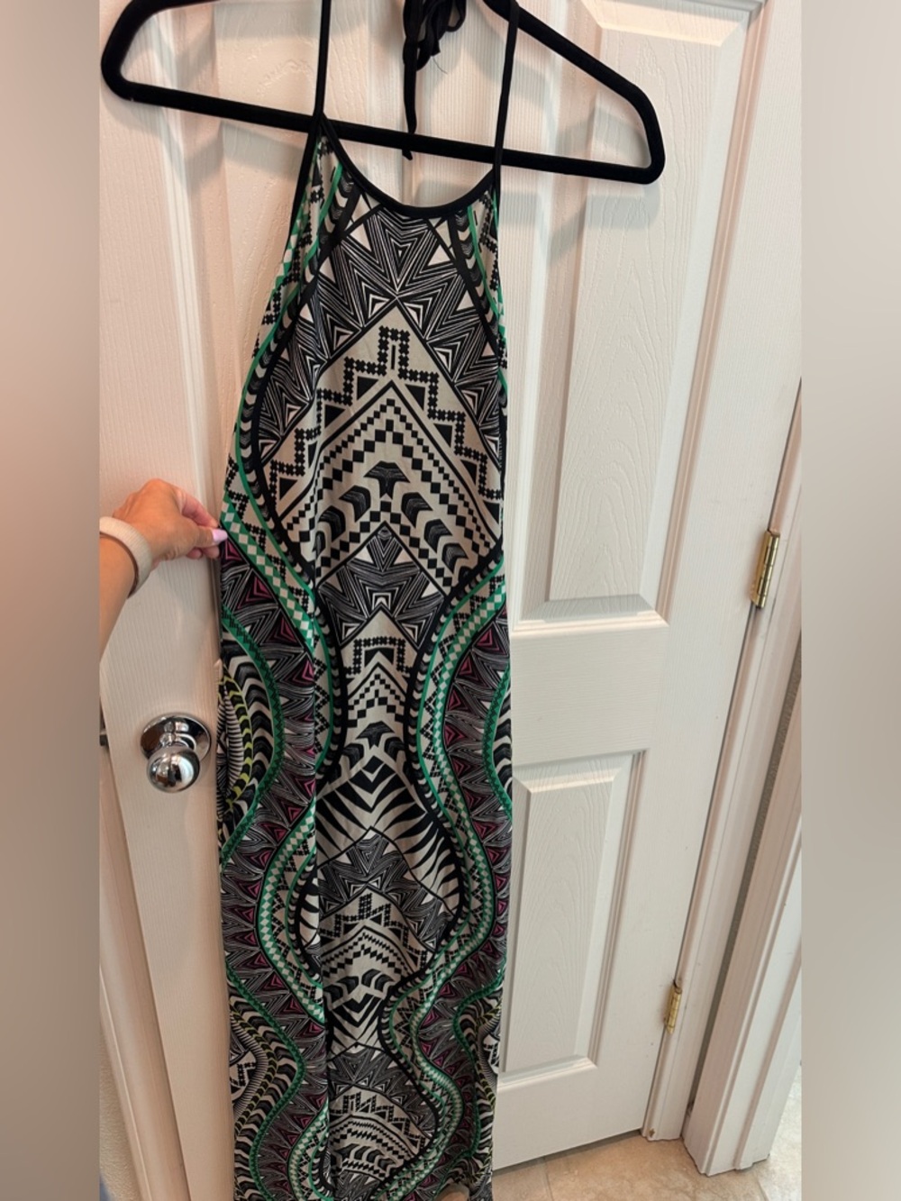 Boho Geometric Black and Green Halter Maxi Dress - Unbranded